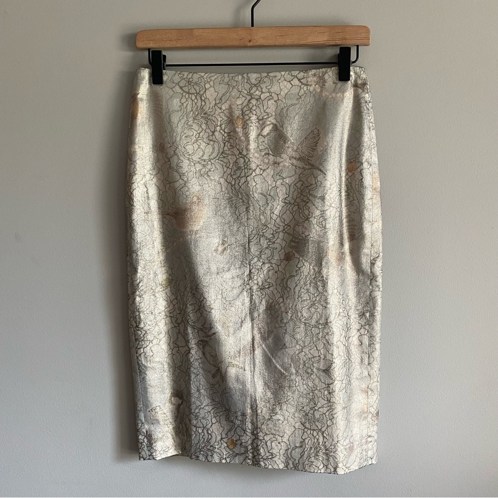 Marc Cain Metallic Silver Bird Print Knee Length Pencil Skirt EUC Size 2